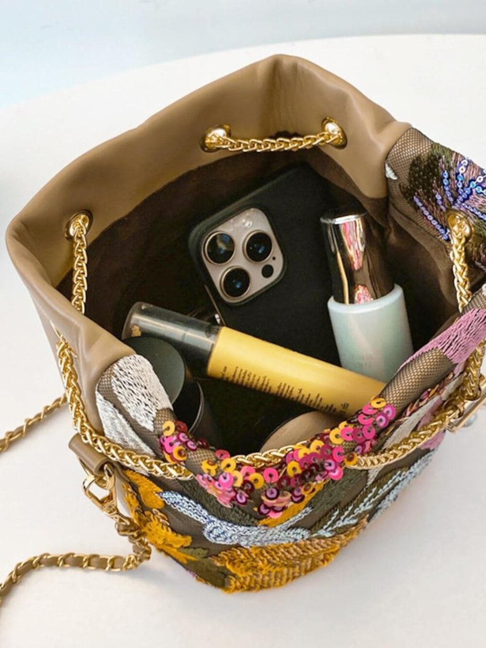 Crossbody Bags for Women, Hand Embroidered Leathers Tot Bag, Carry Handle Bucket - Picture 6 of 9